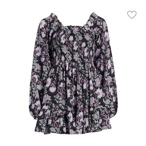 Mille Smocked‎ Babydoll Mini Dress Sz S Milkmaid Puff Sleeve Black Floral NWT
